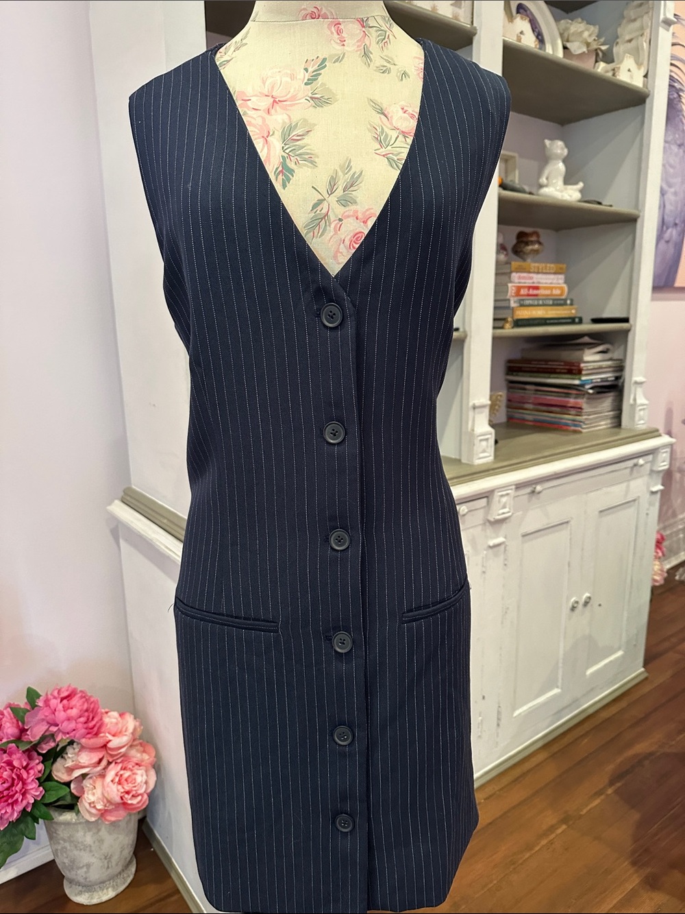 Abercrombie & Fitch Navy Pinstripe Button-Front Dress